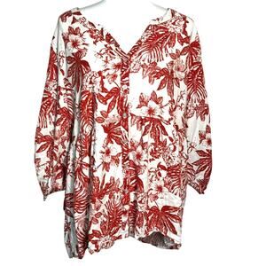 PANAMA JACK Women's 2X Red White Tropical Floral Button up‎ Roll Tab Linen Shirt
